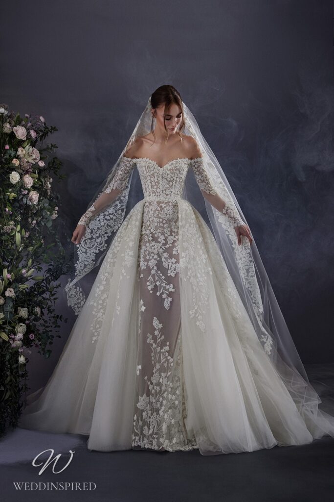zuhair murad 2024 wedding dress lace tulle mermaid sheath off the shoulder long sleeves detachable skirt
