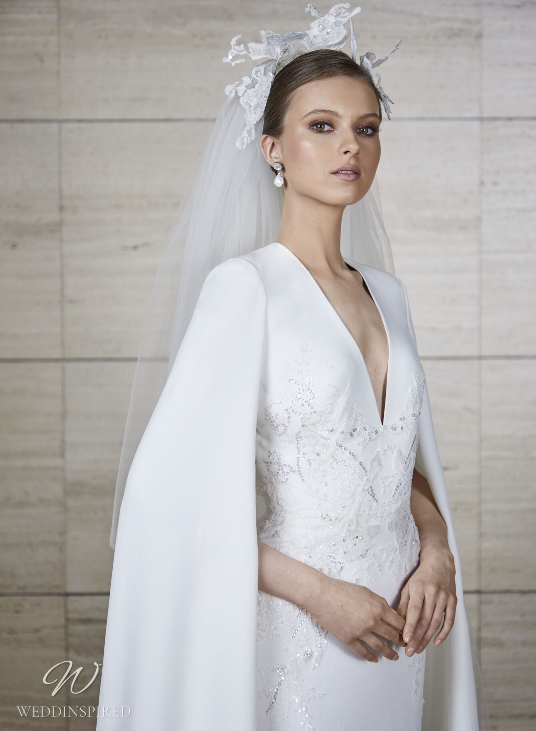 elie saab 2022 wedding dress simple sheath v neck cape