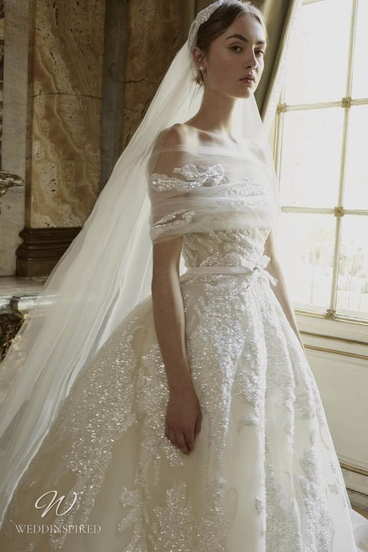 elie saab fall 2022 wedding dress a-line off the shoulder tulle lace