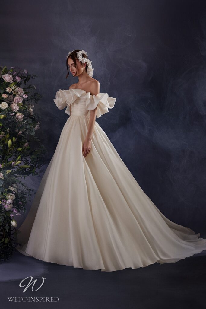 zuhair murad 2024 wedding dress silk satin chiffon princess a-line ruffles off the shoulder