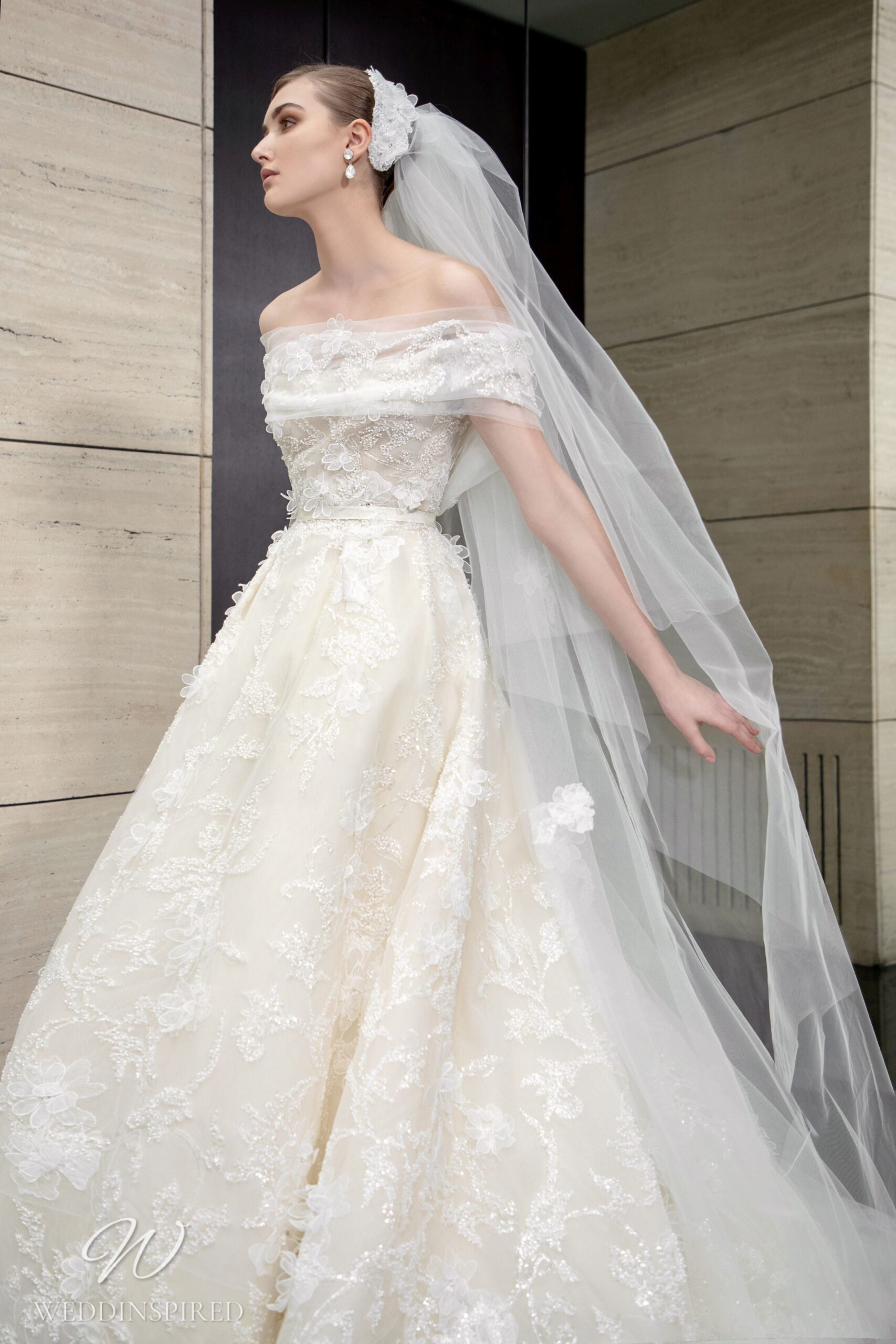 elie saab 2022 wedding dress off the shoulder lace princess ball gown