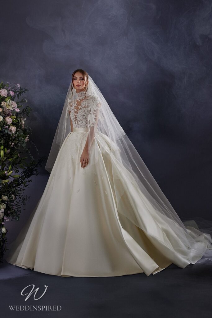 zuhair murad 2024 wedding dress lace silk satin princess short sleeves high neckline