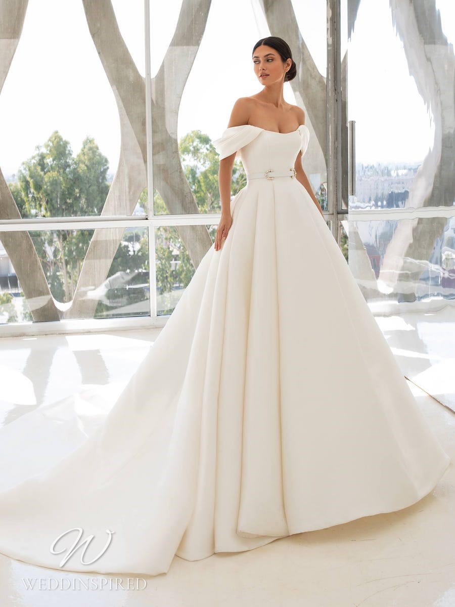 pronovias 2021 simple satin off the shoulder princess ball gown wedding dress