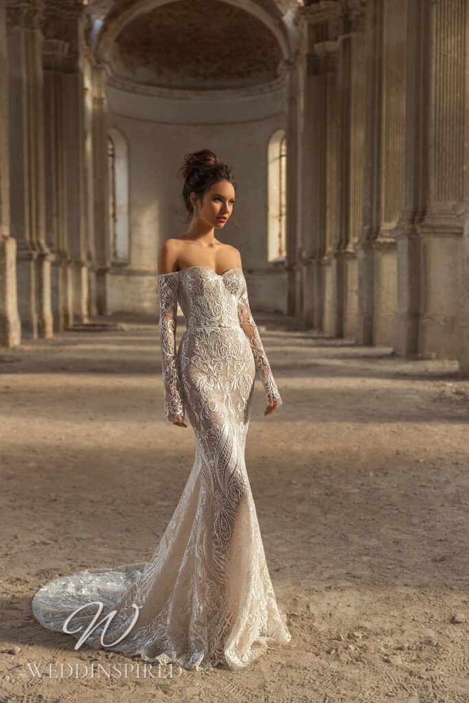 eva lendel 2021 wedding dress mermaid lace off the shoulder long sleeves