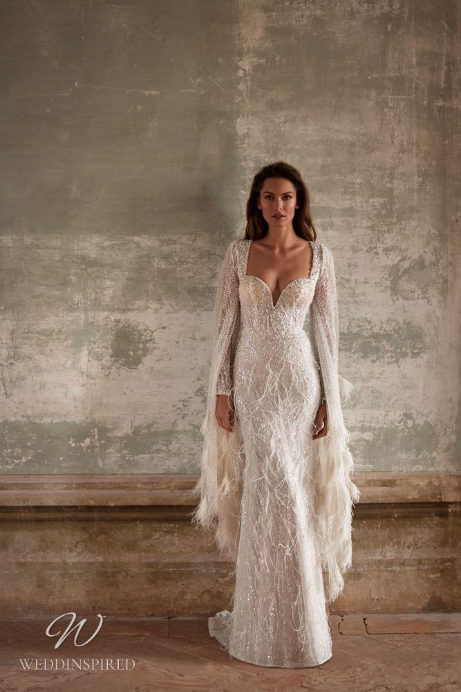 milla nova 2023 wedding dress medina lace sheath mermaid long sleeves feathers
