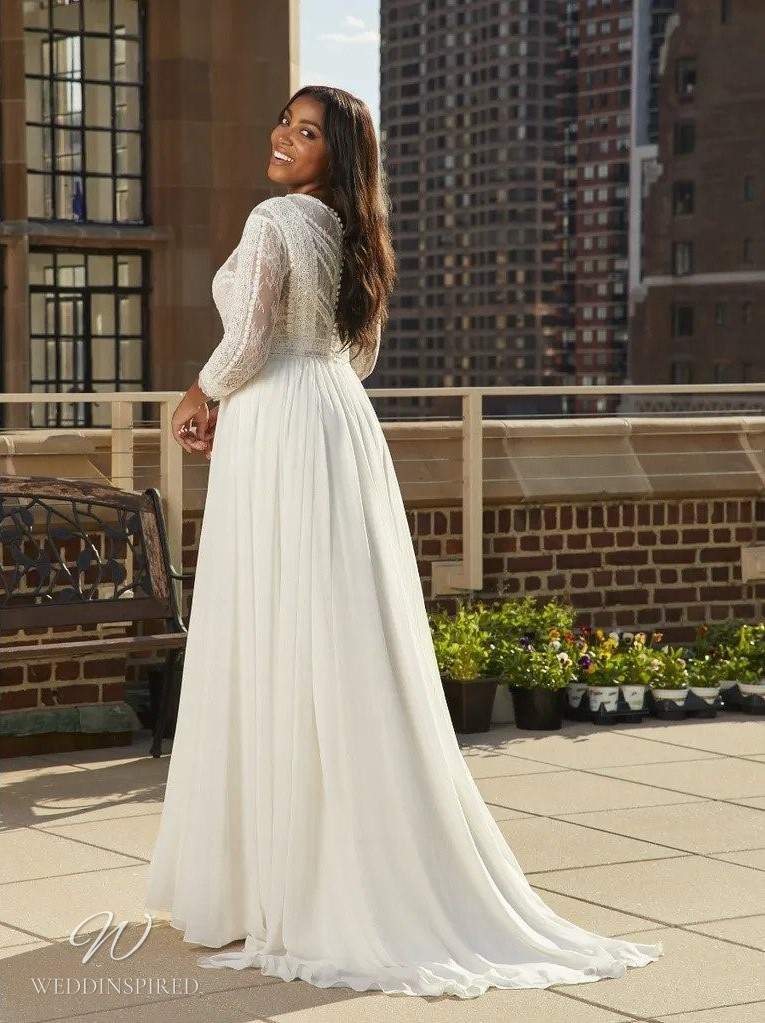 ashley graham x pronovias wedding dress mimosa plus size a-line modest long sleeves