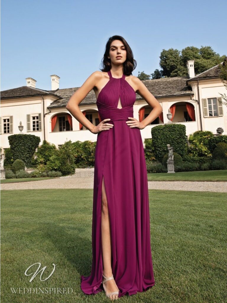 nicole milano bridesmaid dress plum purple maroon long halterneck