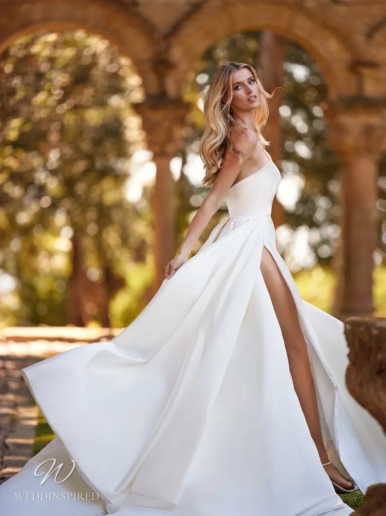 pronovias 2023 wedding dress nora silk satin one shoulder a-line simple slit