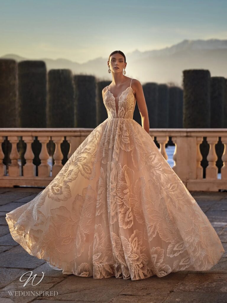 pronovias 2023 wedding dress orlanda blush lace tulle flowers a-line