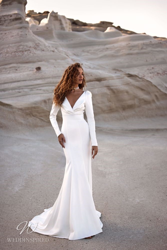 milla nova 2023 wedding dress paisley silk satin sheath mermaid long sleeves v neck simple