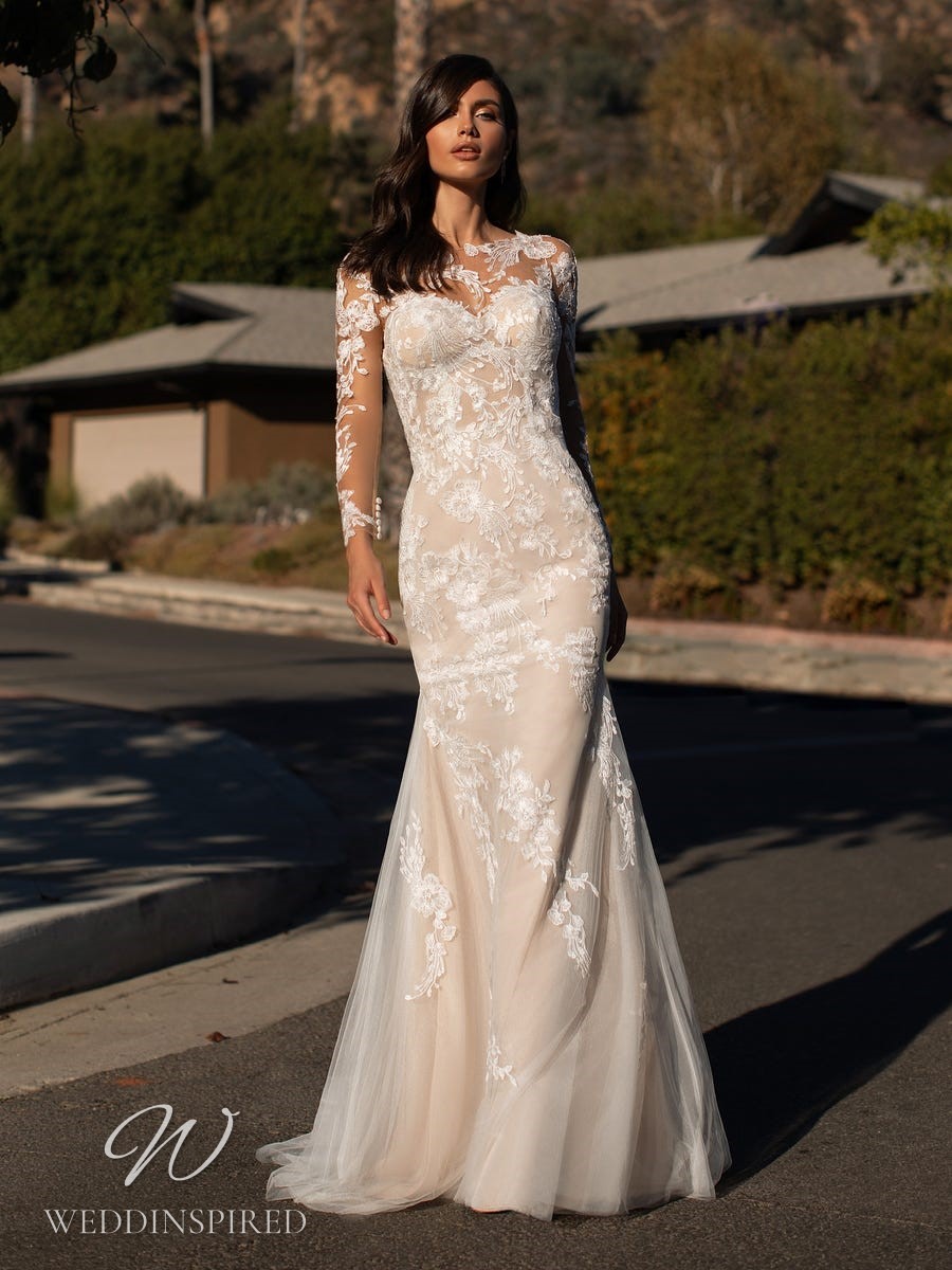 pronovias 2021 blush lace mermaid wedding dress long sleeves