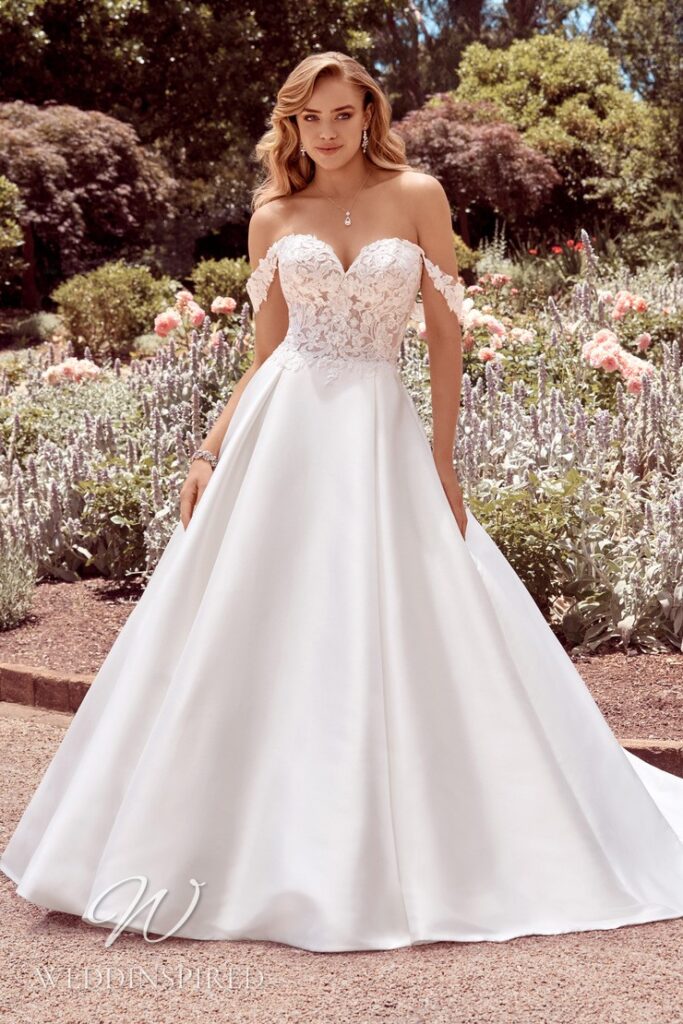sophia tolli 2021 wedding dress lace satin silk princess a-line off the shoulder