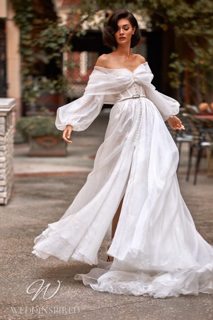 daria karlozi 2021 wedding dress boho tulle a-line off the shoulder long sleeves