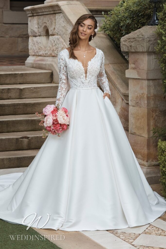 sophia tolli 2021 wedding dress lace satin silk princess pockets long sleeves