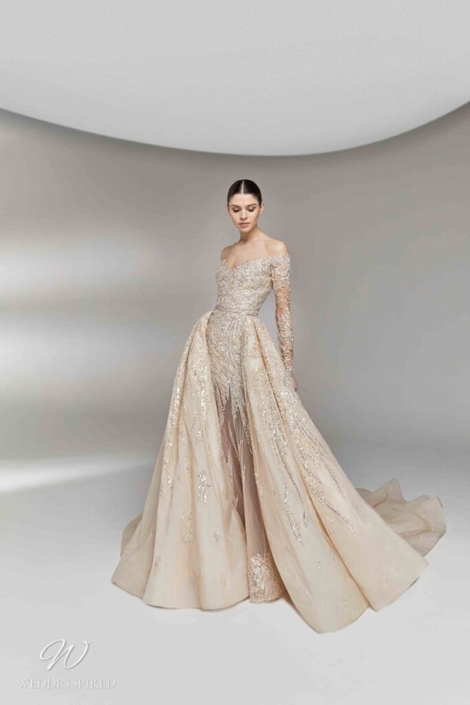 tony ward 2023 wedding dress desire blush a-line princess detachable skirt long sleeves off the shoulder