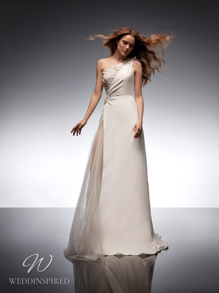 nicole milano 2022 wedding dress turchese one shoulder satin tulle a-line