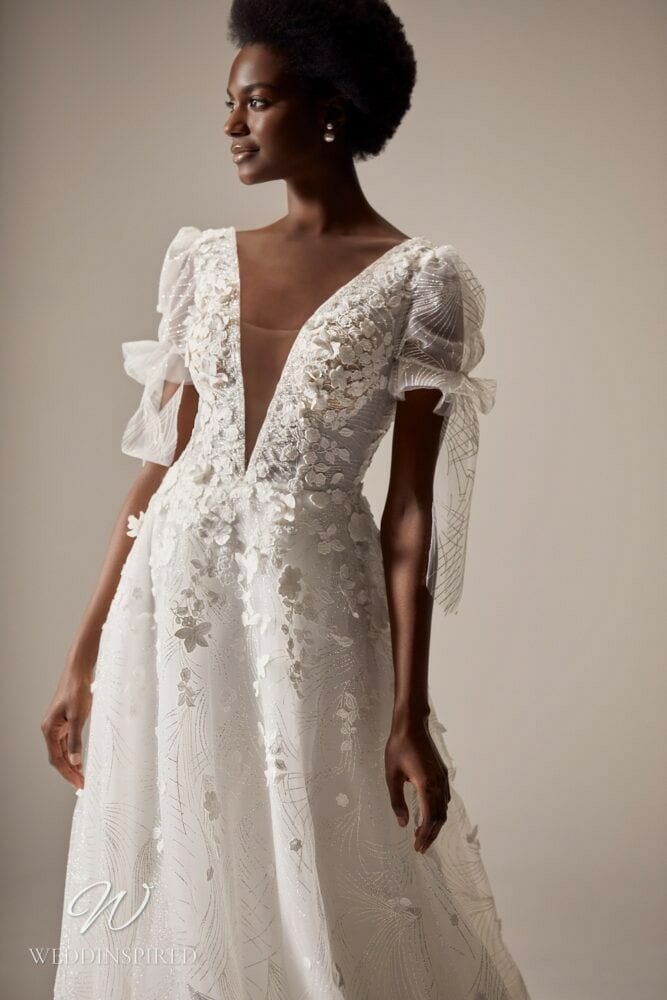 milla nova wedding dress uri lace tulle a-line v neck cap sleeves