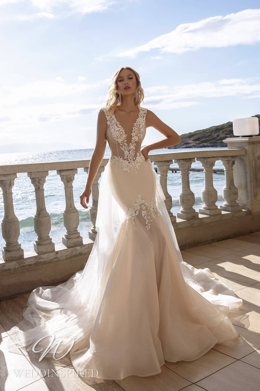 Tina Valerdi blush lace tulle A-line wedding dress