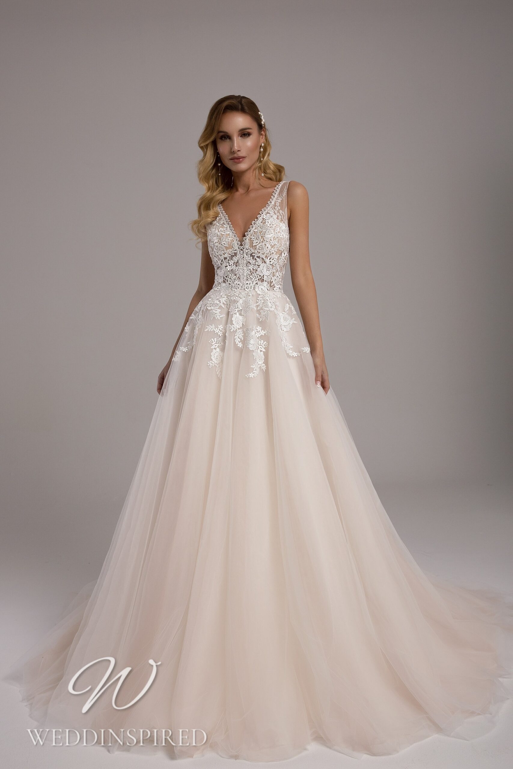 Tina Valerdi blush lace tulle princess wedding dress