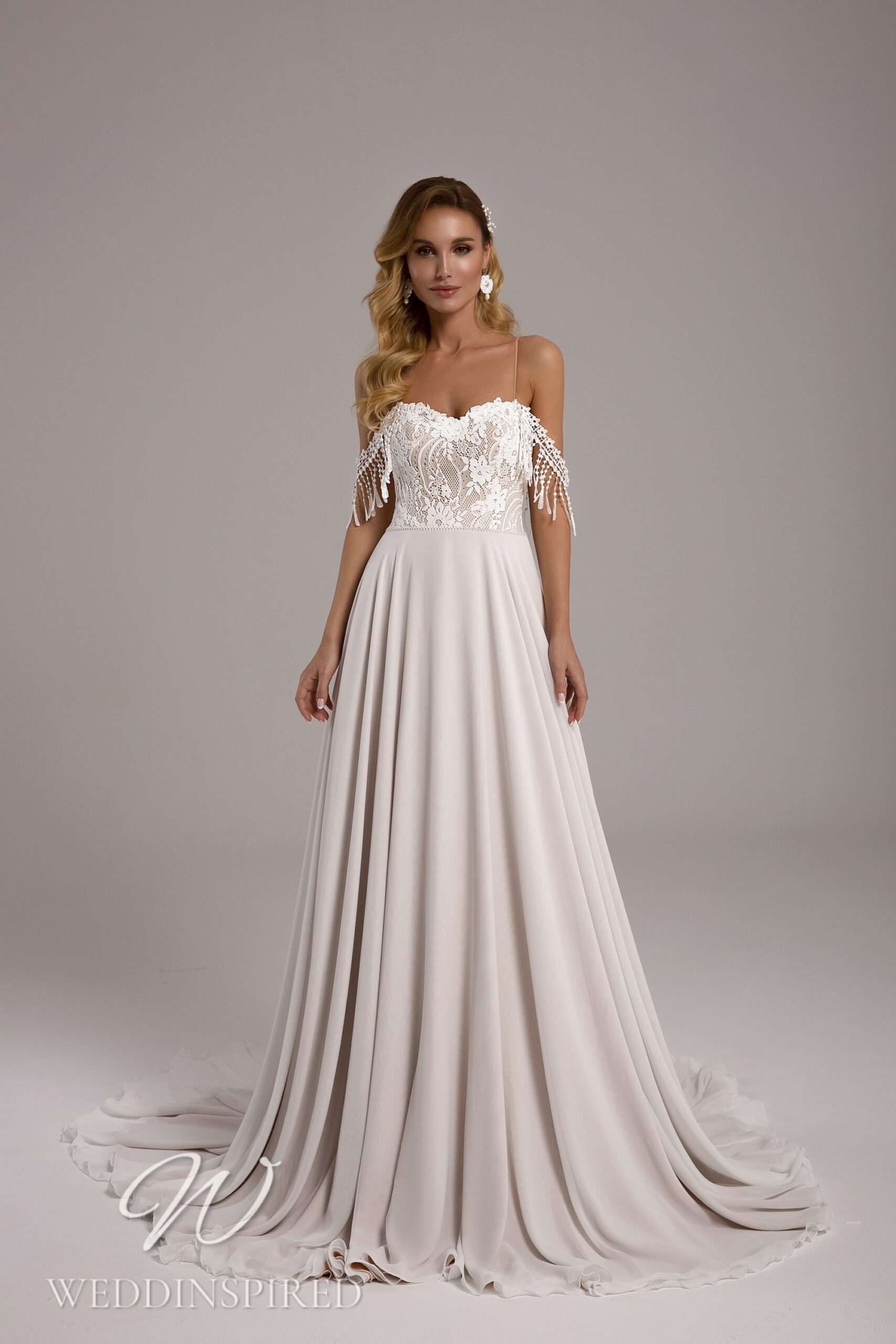 Tina Valerdi off the shoulder lace silk A-line wedding dress