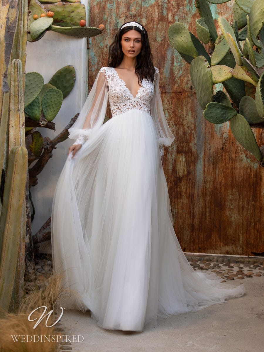 pronovias 2021 lace tulle a-line wedding dress v neck