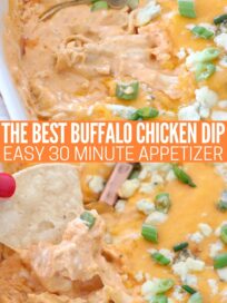 buffalo chicken dip with serving spoon and tortilla chip dipped into the bowl of dip