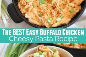 Buffalo chicken cheesy pasta in black skillet and in white bowl