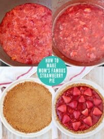 Instructional images showing how to make a strawberry pie with graham cracker crust