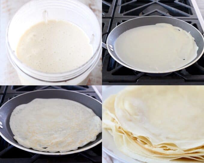 Collage of images showing how to make crepes