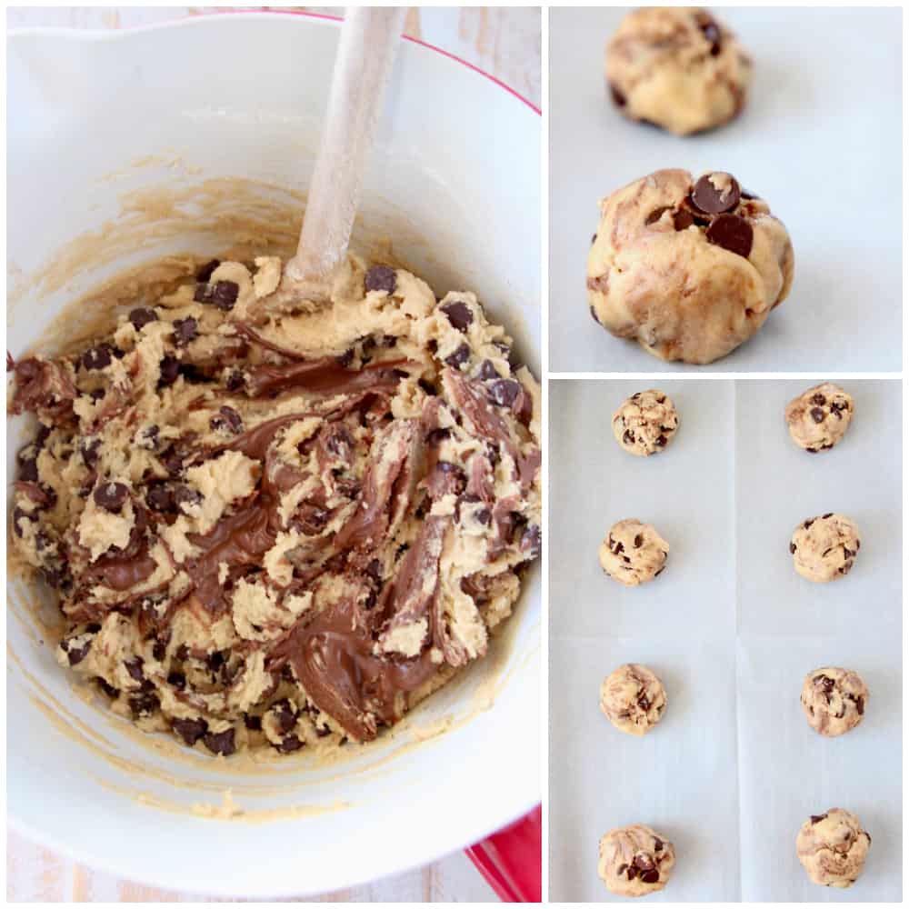 Collage of images showing how to make nutella chocolate chip cookies