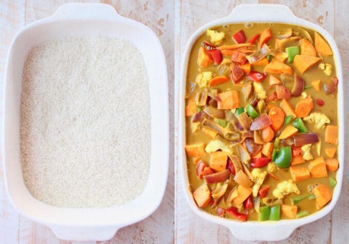 collage of images showing how to make rice and vegetable curry casserole