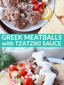 Greek meatballs on plate with cucumber tomato salad and tzatziki sauce