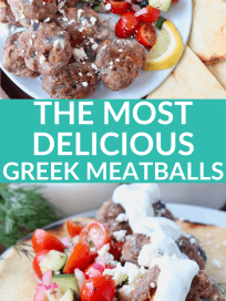 Greek meatballs on plate and on pita bread with tzatziki sauce