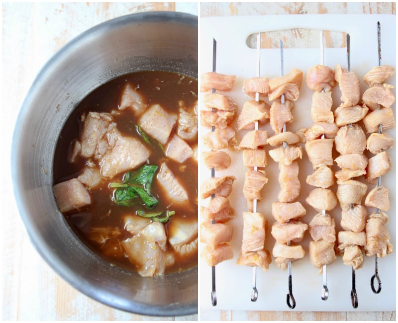 Collage of images of bourbon chicken skewer preparation