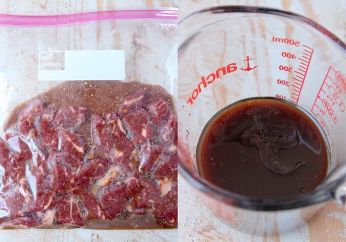 beef marinating in zipper bag and stir fry sauce in glass measuring cup