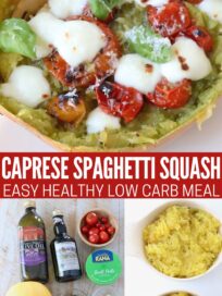 cooked spaghetti squash topped with melted mozzarella, cherry tomatoes and basil, roasted spaghetti squash in bowls, and the ingredients for caprese spaghetti squash on wood board