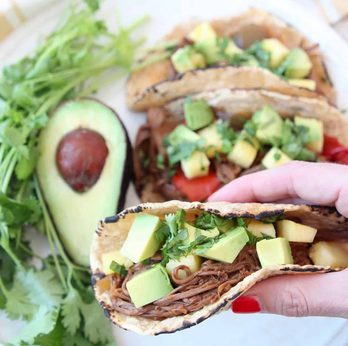 Hand holding taco with shredded tri tip, topped with diced avocado and pineapple