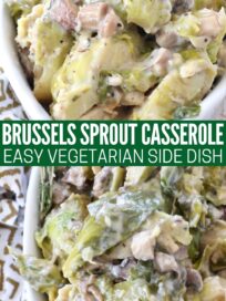 cooked mushroom brussels sprout casserole in white serving dish