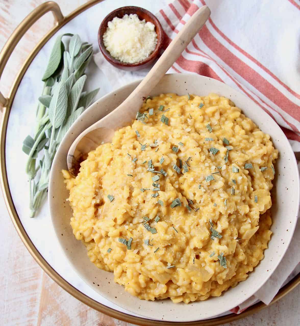 Overhead image of butternut squash risotto in bowl with spoon