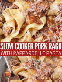 pappardelle pasta tossed with pork ragu in bowl with fork