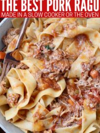 pappardelle pasta tossed with pork ragu in bowl with fork