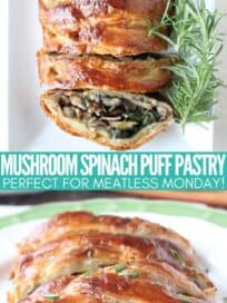 Sliced open baked puff pastry filled with mushrooms and spinach