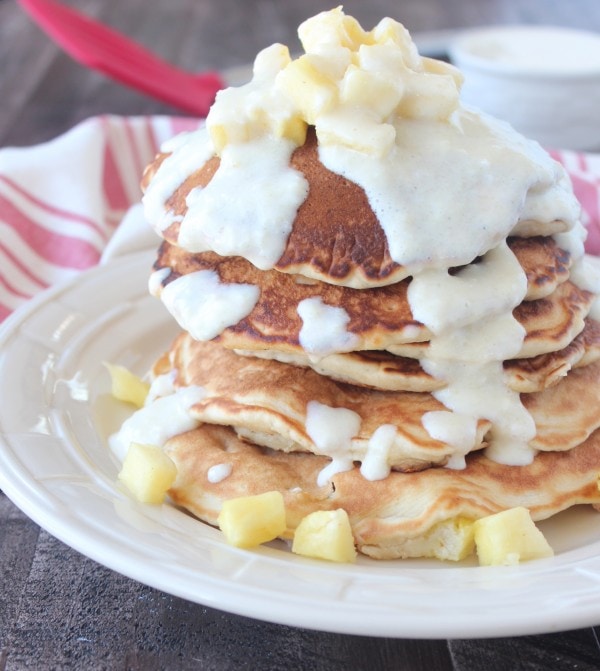 Pineapple Coconut Pancakes with Cream Cheese Syrup