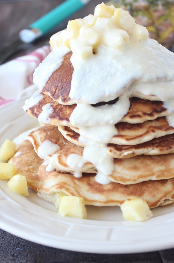 Pineapple Coconut Pancakes with Cream Cheese Syrup