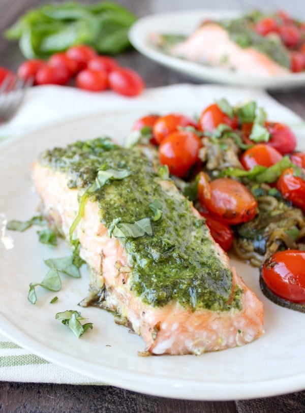 Pesto Baked Salmon Foil Baskets with Zucchini Noodles & Cherry Tomatoes