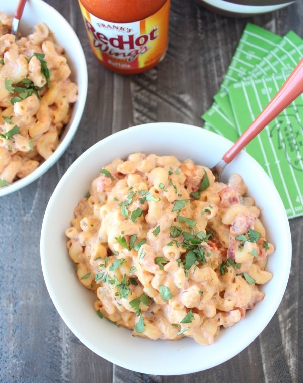 buffalo sauce macaroni and cheese in bowl with fork