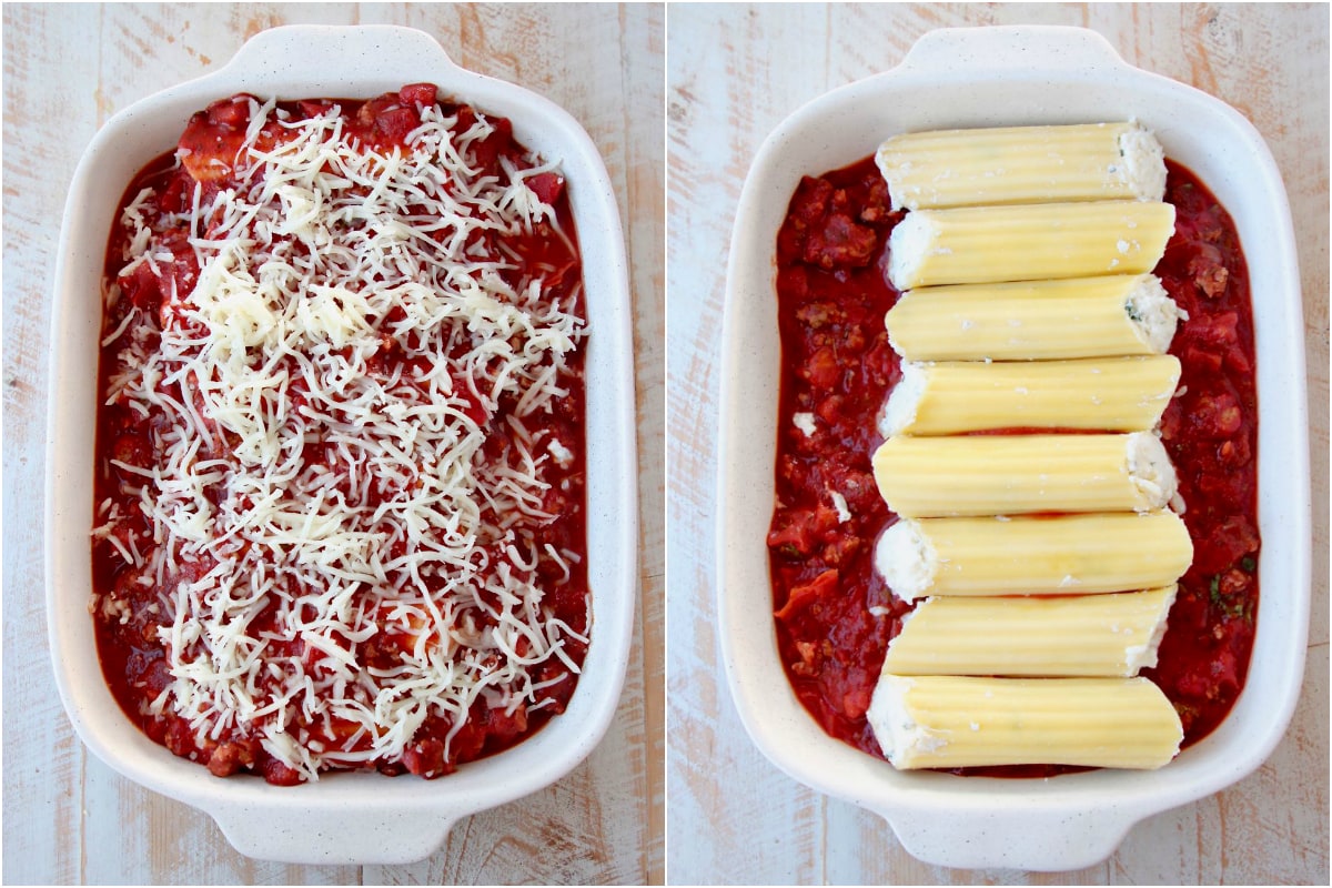 Instructional images for how to make cheese manicotti with marinara sauce