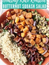 Roasted butternut squash salad in bowl with dates and quinoa