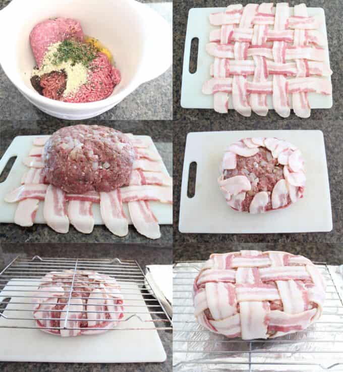 collage of images showing how to make bacon wrapped meatloaf