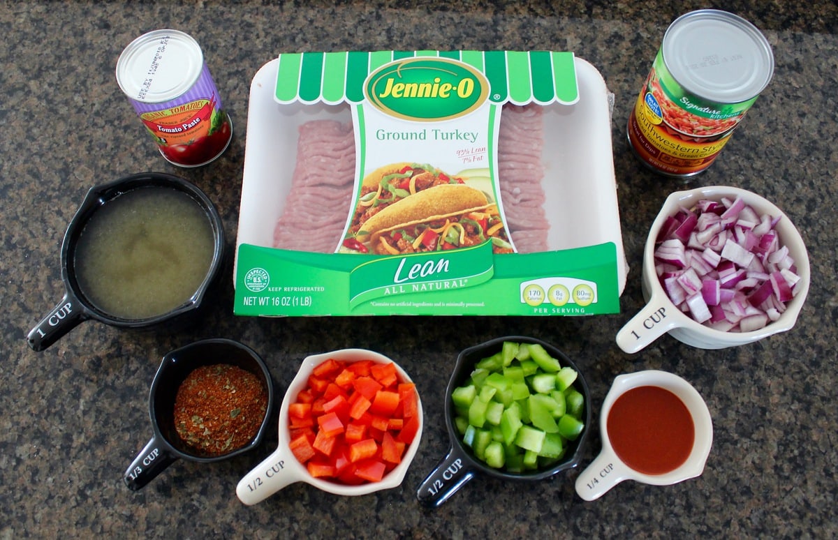 Sloppy Joe Taco Recipe Ingredients arranged on a countertop.